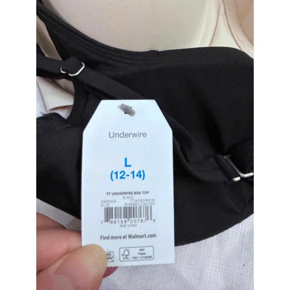 Time and Tru Underwire Bikini Top L 12-14 Black Adjustable Swim Top Womens